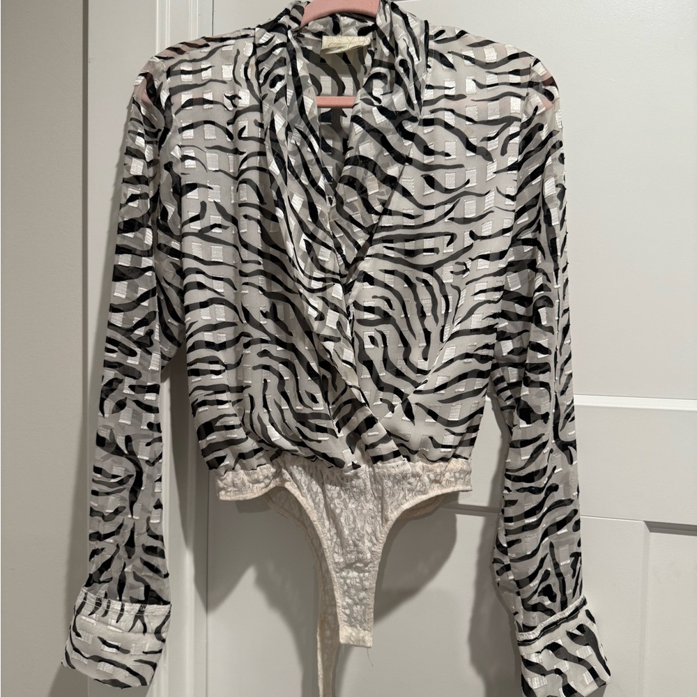 Cache Black and White Wrap Bodysuit with Notched Collar